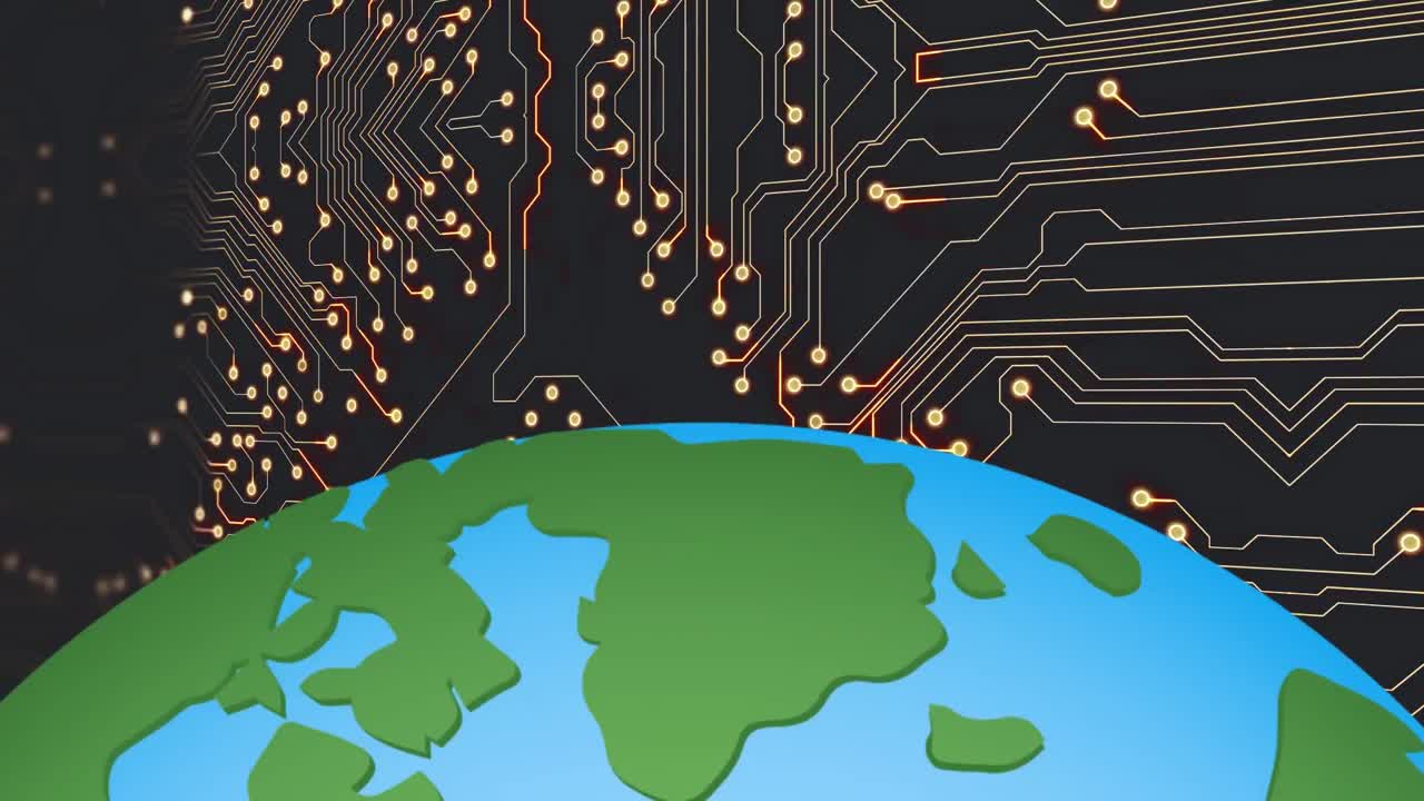 Animation of globe over computer circuit board on black background