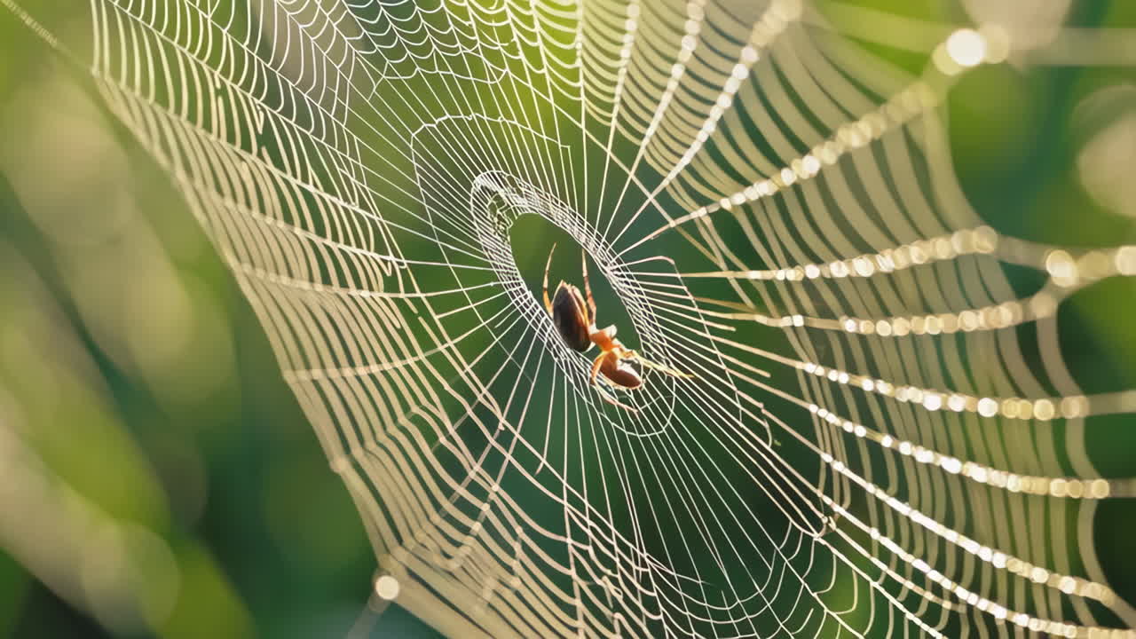 Spider on a Dew-Kissed Web in the Morning Sunlight