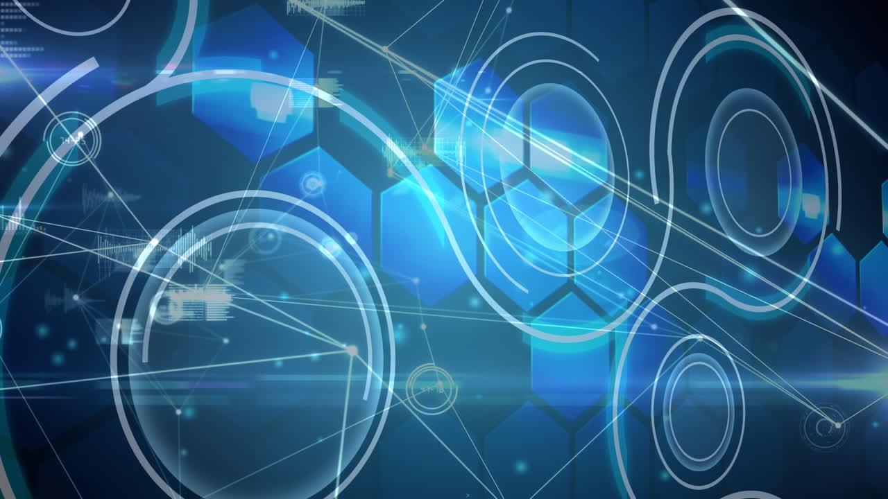 파란색 디지털 화면에 연결과 다양한 데이터의 애니메이션