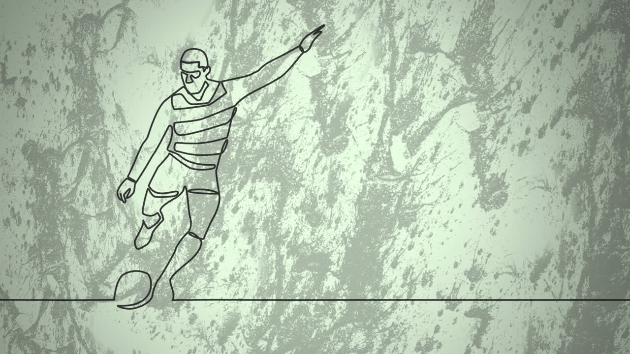 animación de dibujo de un jugador de rugby masculino pateando la pelota y formas en fondo verde