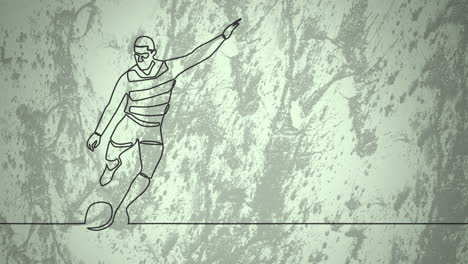 animation of drawing of male rugby player kicking ball and shapes on green background