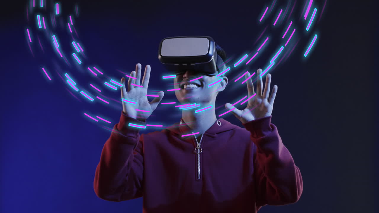 Animation of glowing light trails of data transfer and asian man in vr headset