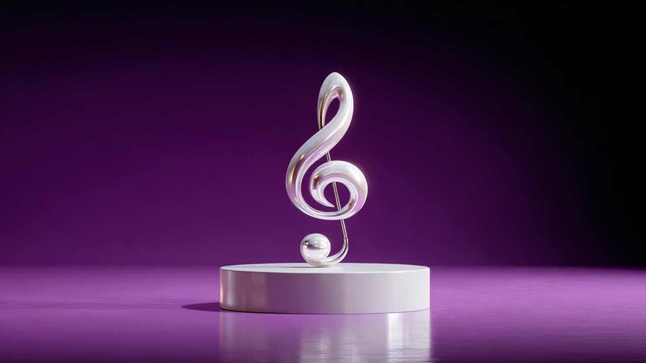 A Stylish 3D Representation of a Musical Note Featuring a Surreal Design on a Minimalist Base Against a Striking Purple Background, Capturing the Essence of Music and Artistry