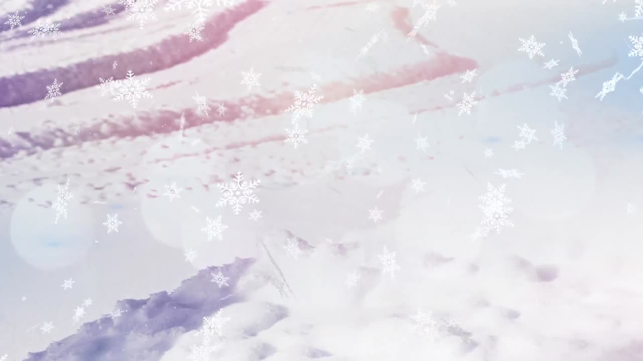 빛의 반점과 눈송이 아이콘이 겨울 풍경에 떨어지고 있습니다.