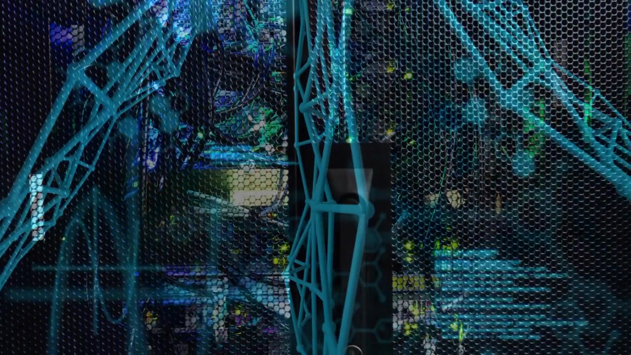 Data streaks aligning, teal lattice shifting across hex grille, revealing LEDs for network view