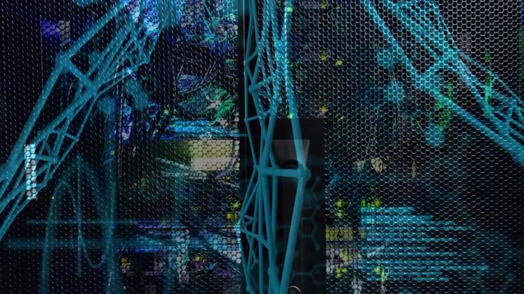 Data streaks aligning, teal lattice shifting across hex grille, revealing LEDs for network view