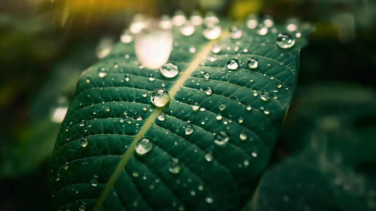 Falling droplets from light rain landing on broad green leaf at garden edge, merging, rolling