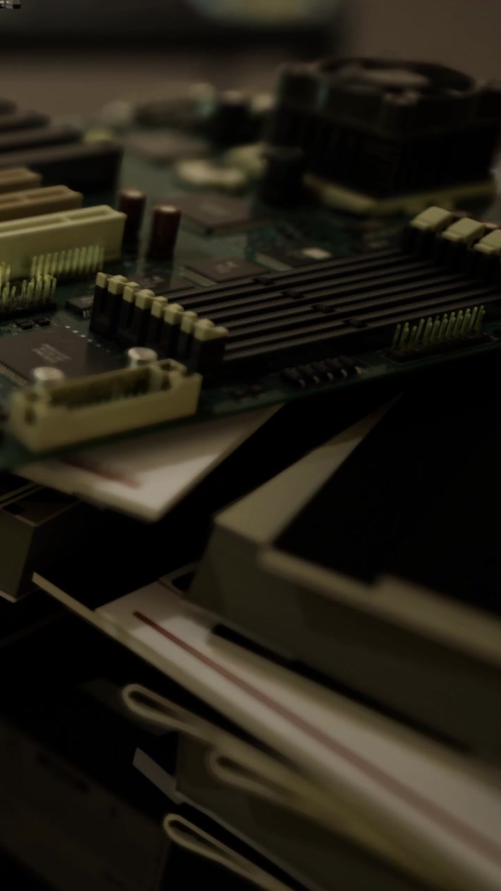 Old computer parts stacked on a shelf in a workshop or garage space