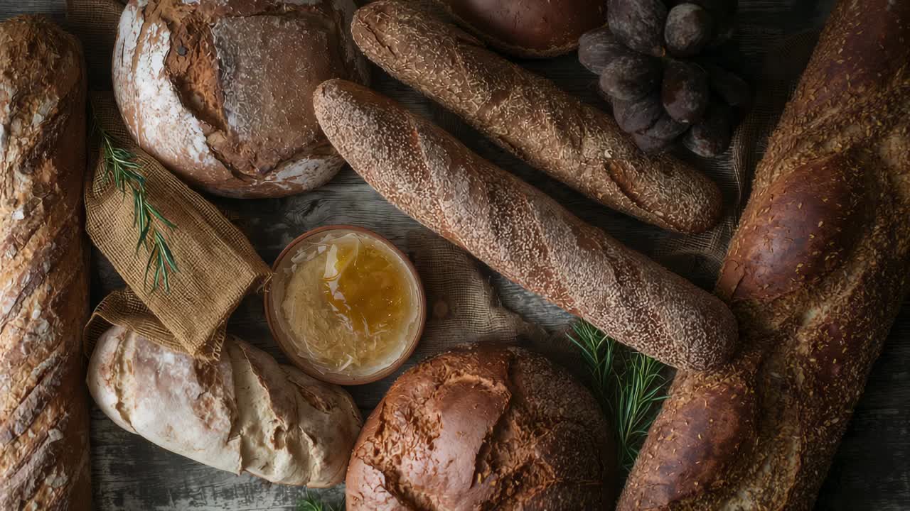 Camera recording baguettes, loaves on dark table, with bowl of honey, rosemary for food styling