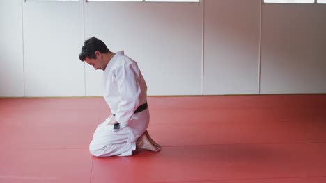 Seitenansicht-Judoka-Kniend-Auf-Der-Judomatte