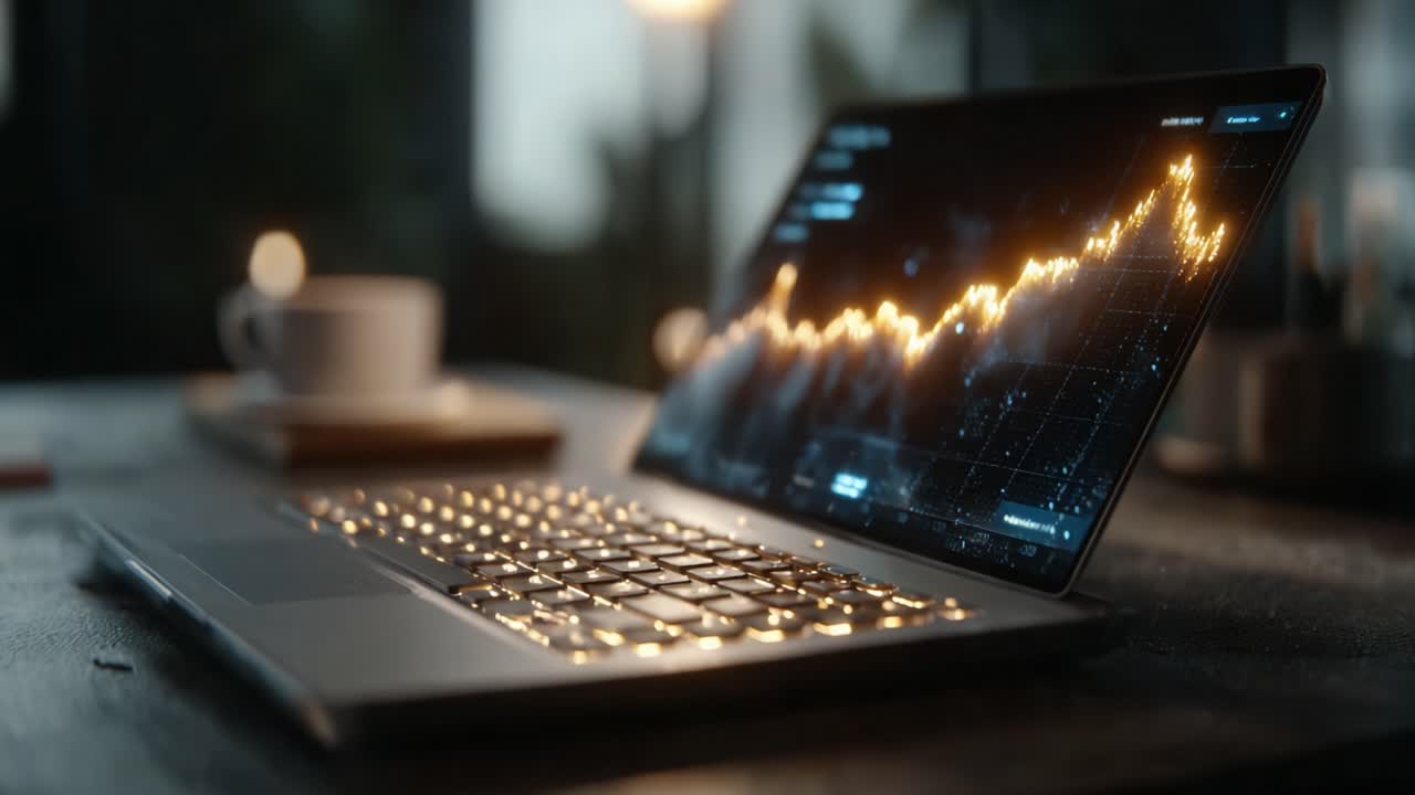 Dynamic Analysis of Stock Trends: A Close-Up View of a Laptop Displaying Financial Data with a Smooth Rising Graph and an Ambient Workspace Setting