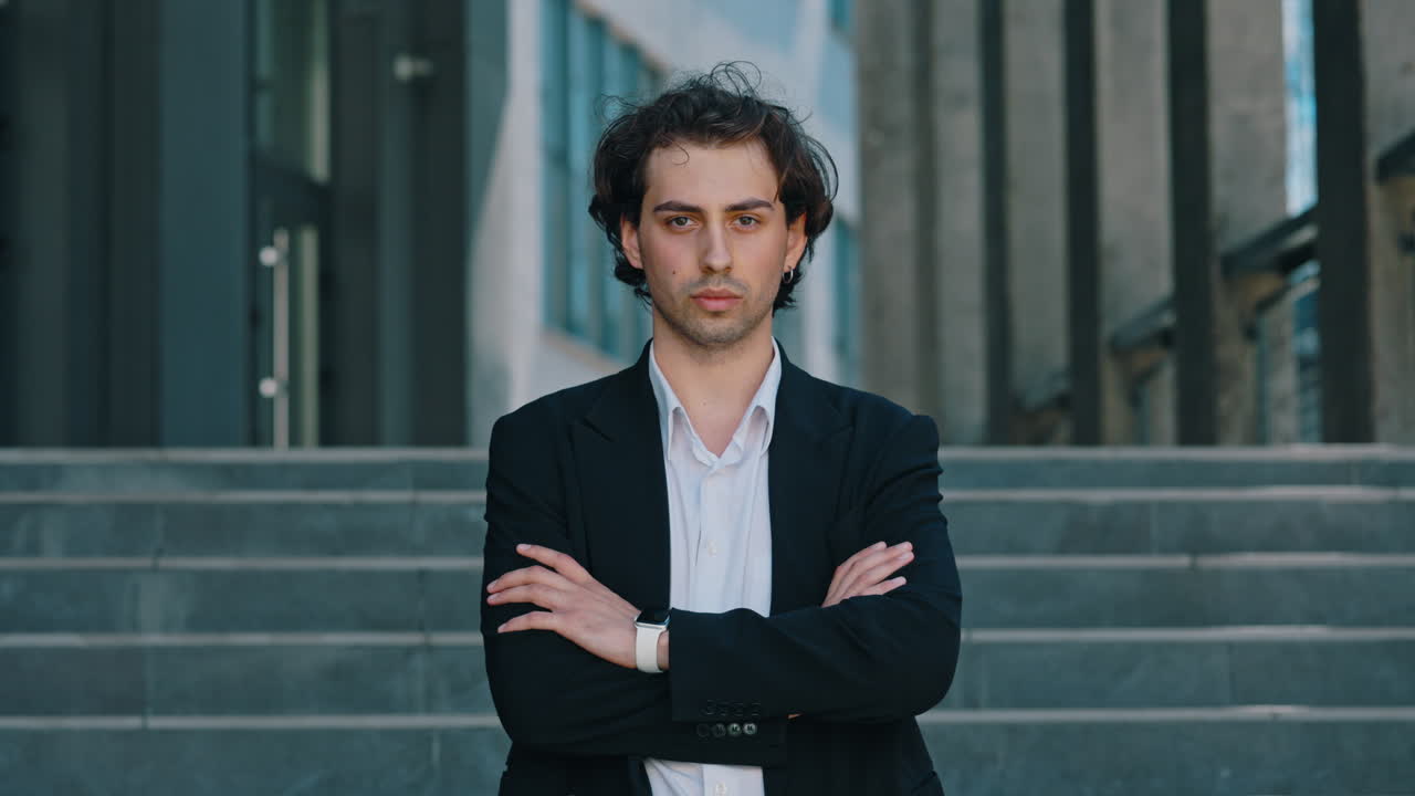 Confident young businessman standing with crossed arms outdoors