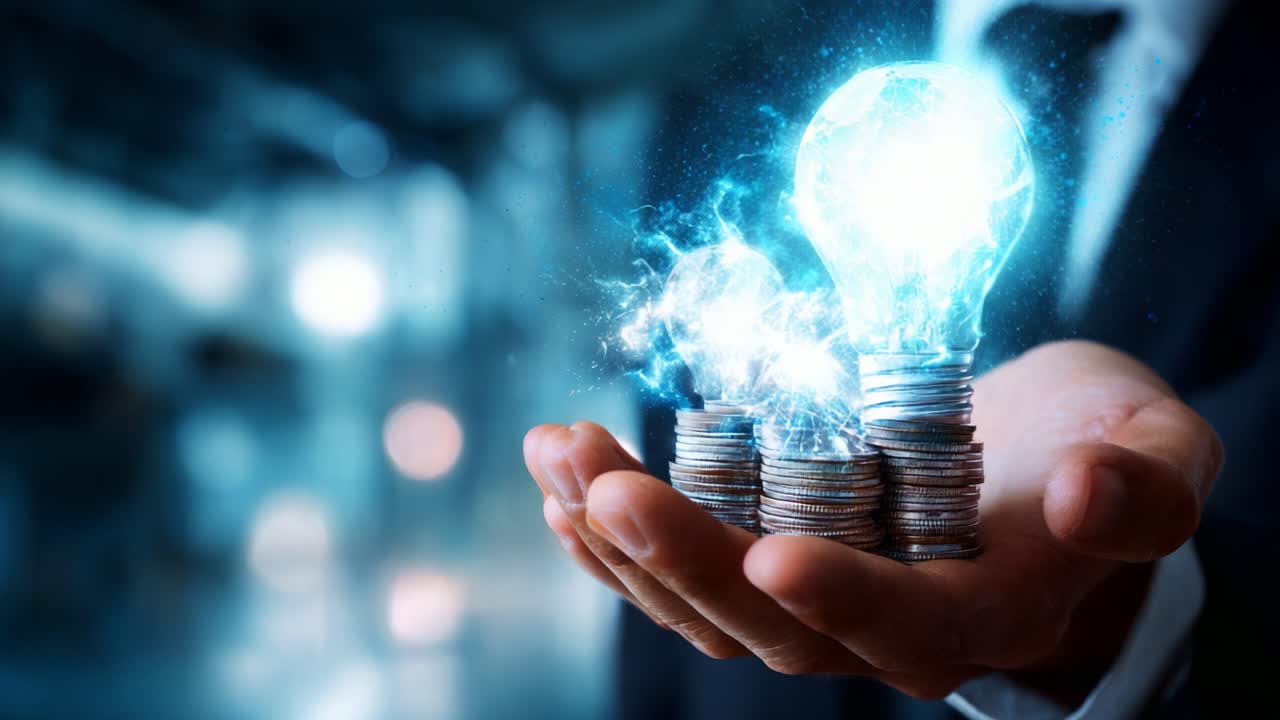 A Glimpse into Innovation: Captivating Visual of a Hand Holding Coins Infused with Glowing Light Bulbs Signifying Creative Ideas and Financial Growth in a Modern Setting