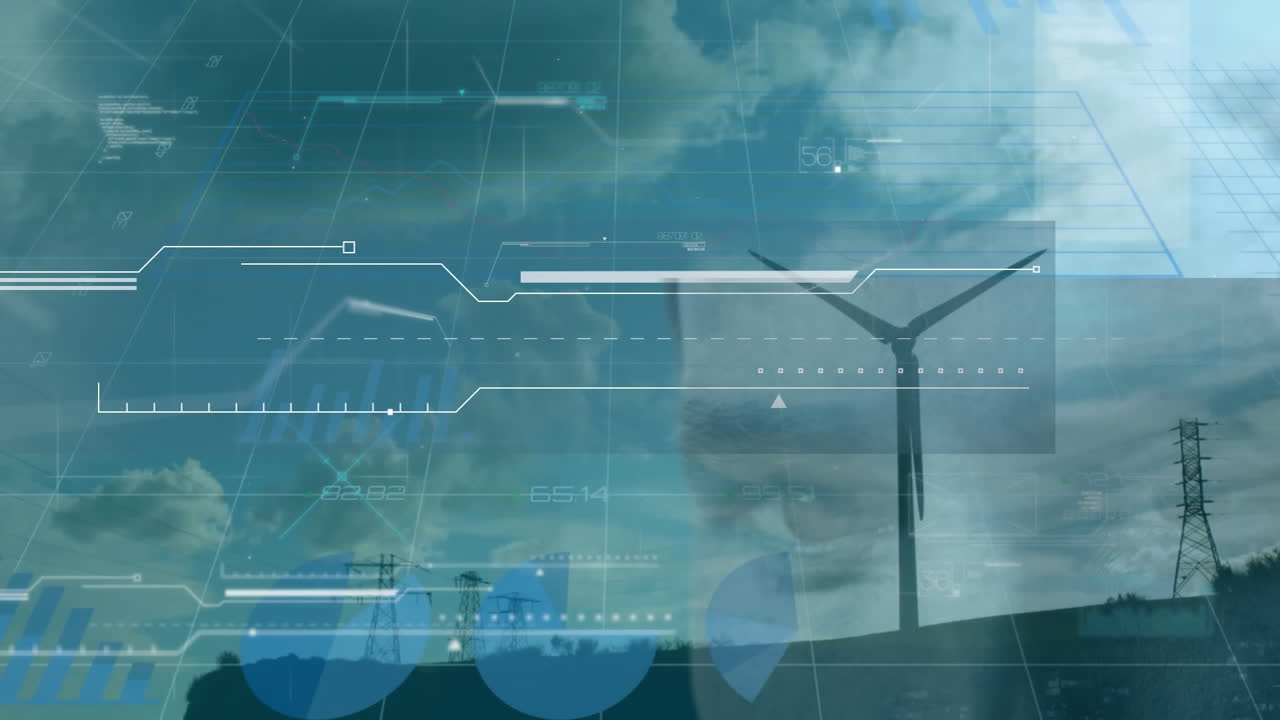 Animation of data processing and diagrams over wind turbine