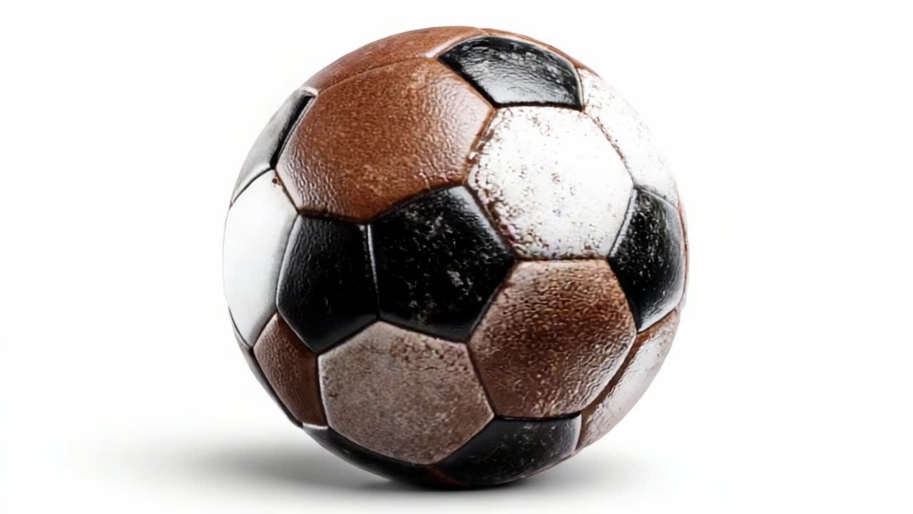 Eine Nahaufnahme eines alternden Fußballs, der sein klassisches Sechseckmuster und seine verwitterte Textur zeigt und den Geist des Spiels sowie die Nostalgie für Sportliebhaber einfängt