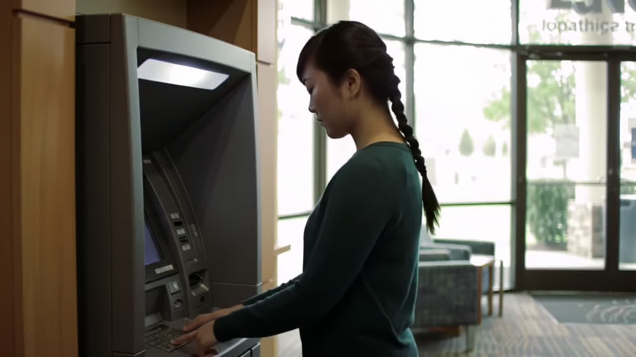 A User Interacting with an ATM Machine in a Bright, Inviting Lobby Environment, Showcasing the Convenience of Modern Banking Technology