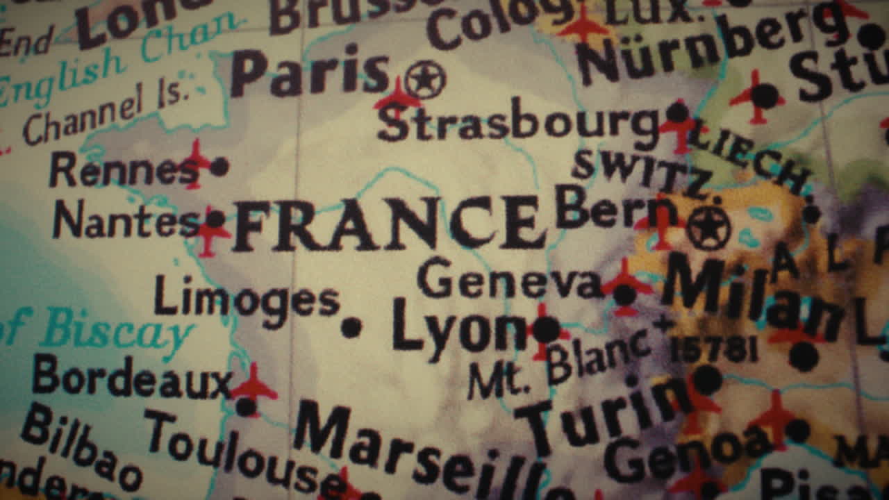 Close-up view of a detailed map of France and surrounding European countries