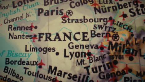 close-up view of a detailed map of france and surrounding european countries