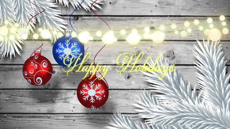animación de nieve cayendo sobre felices fiestas banner de texto y luces de hadas contra decoraciones