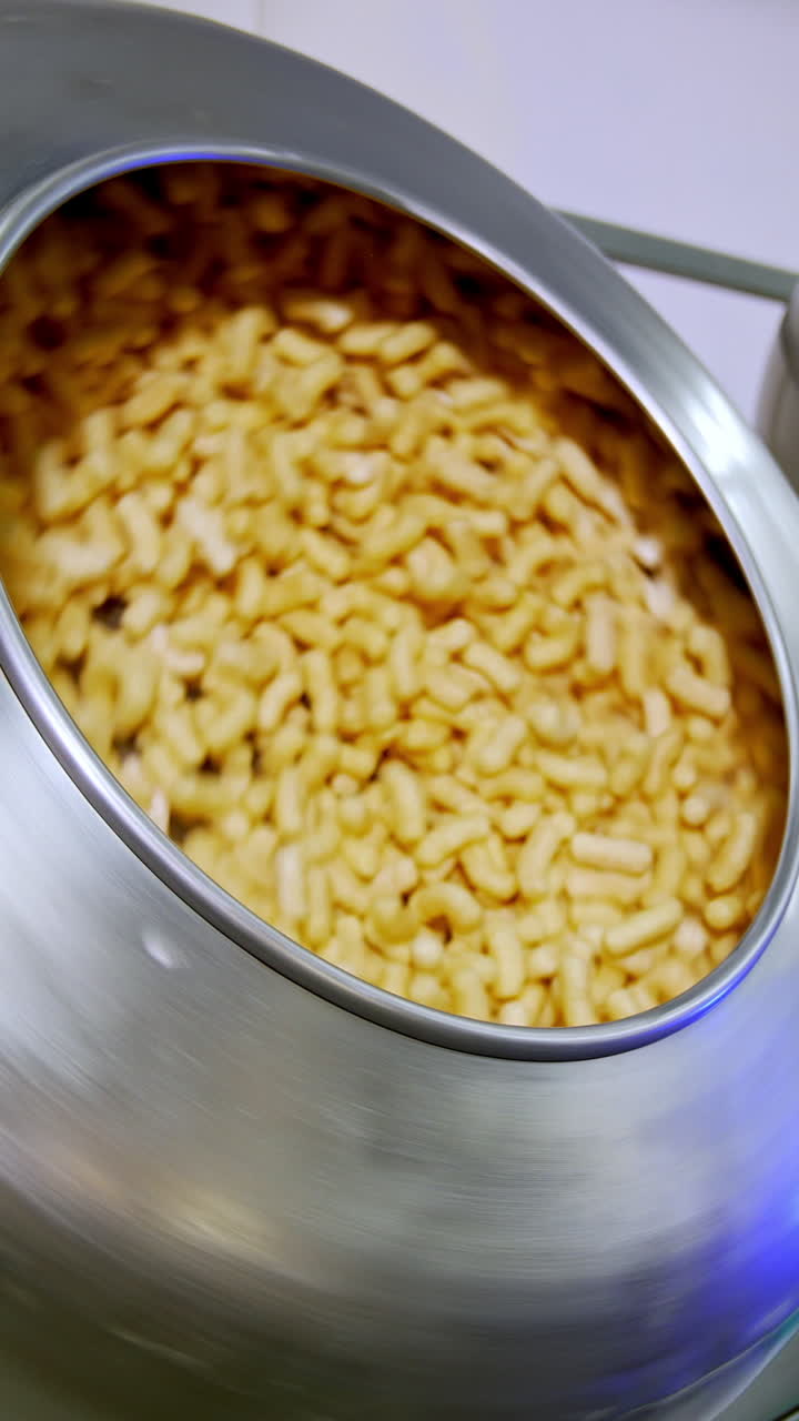 Two metal tanks full of sweet snacks rotating and mixing. Tasty snack product manufacturing at modern plant. Vertical video