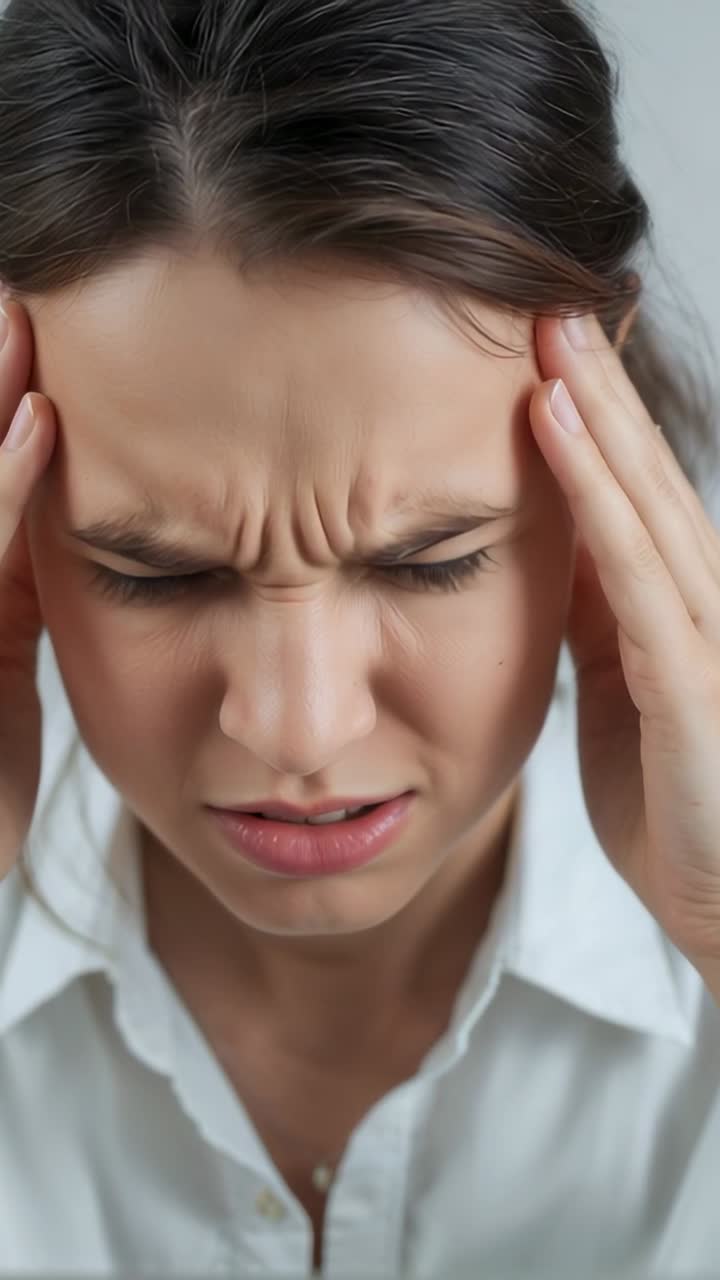 Vertical video: Pressing temples, woman in white blouse wincing from headache in studio, pendant