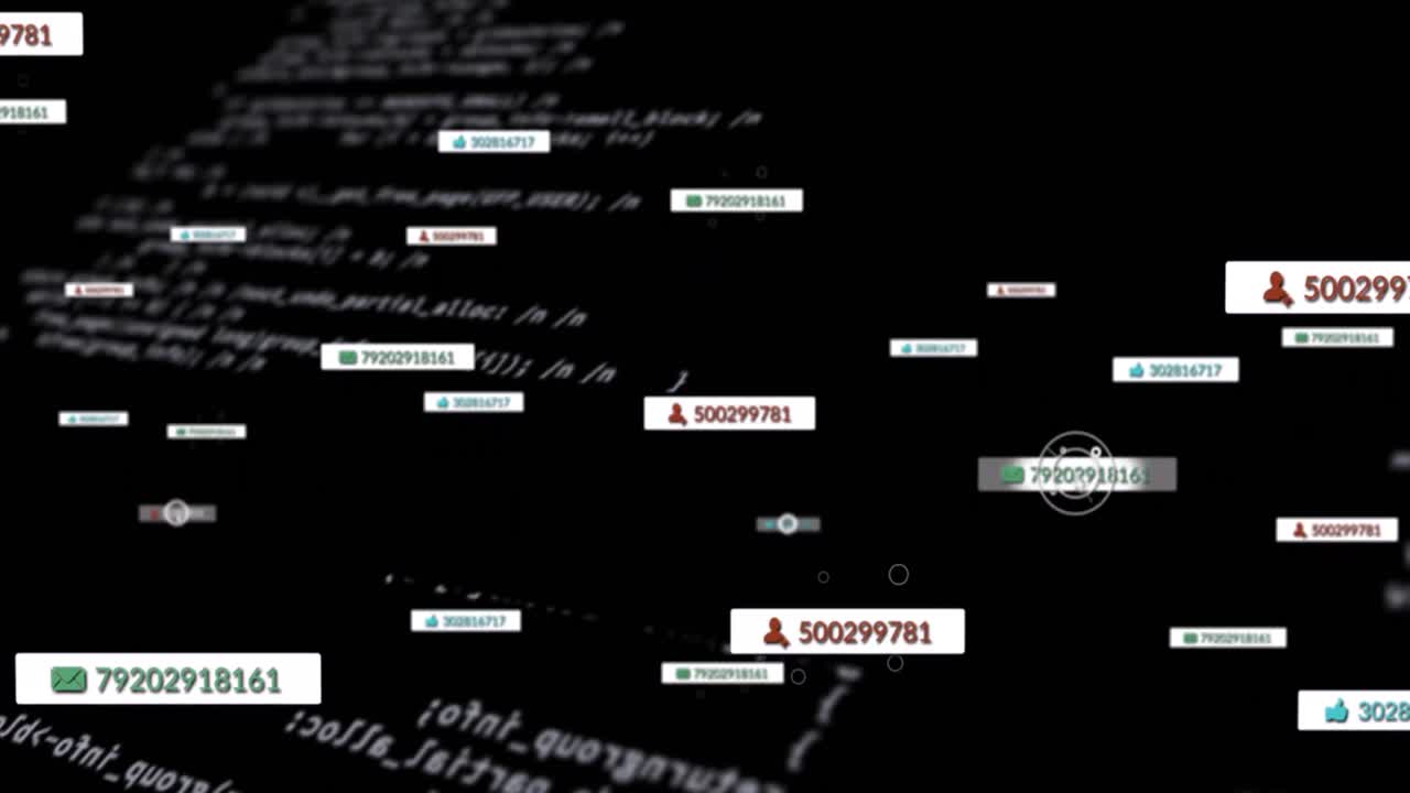 animación de iconos de redes sociales flotando sobre números cambiantes y procesamiento de datos en negro