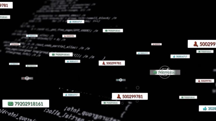 Animation of social media icons floating over changing numbers and data processing on black