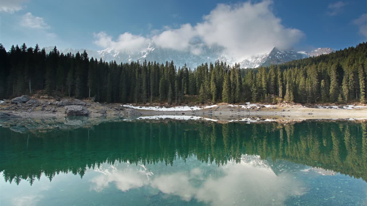Mountain lake reflecting trees and sky