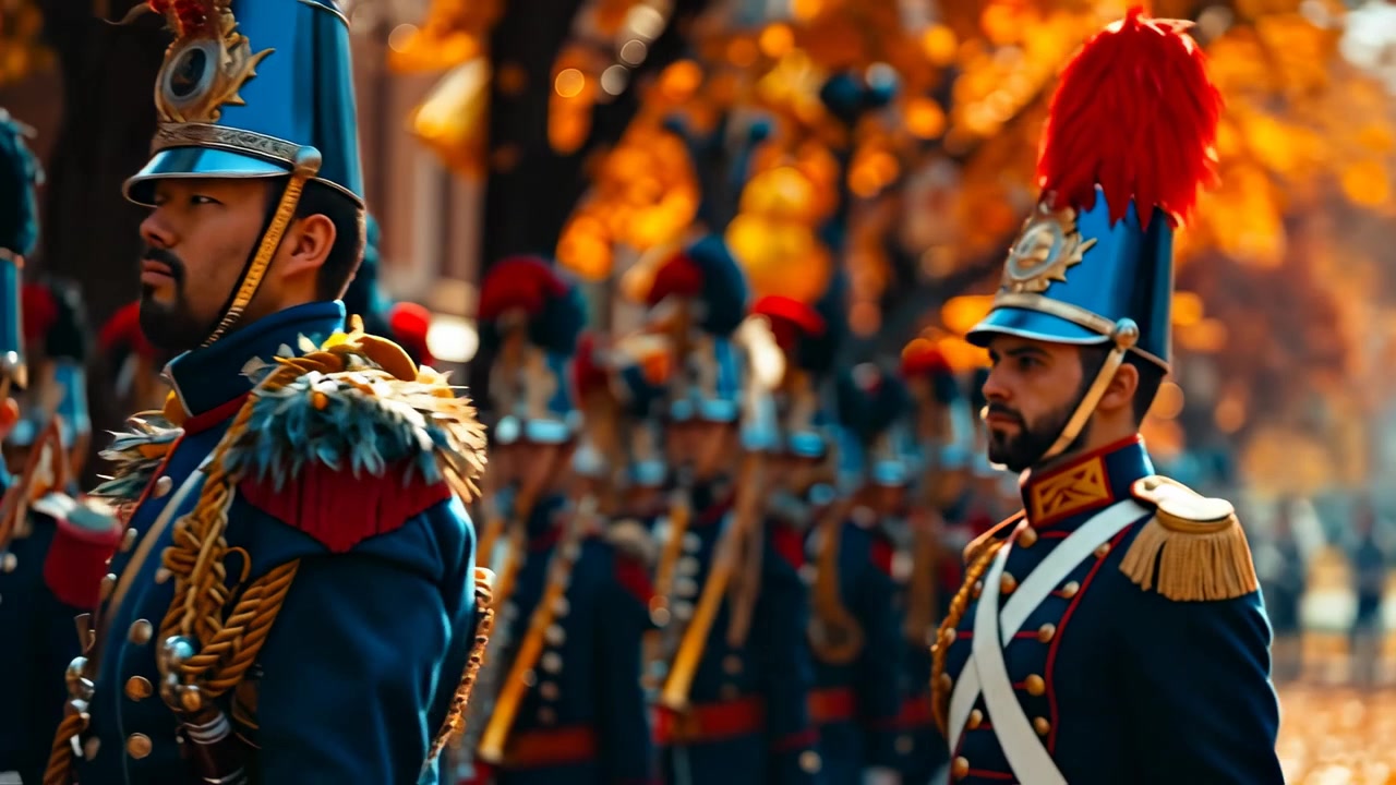 Banda de música de desfile militar en uniforme durante un festival de otoño. Vista lateral de un miembro de la banda de música con uniforme histórico azul, sombrero alto, trenzas doradas, y fondo de follaje otoñal.