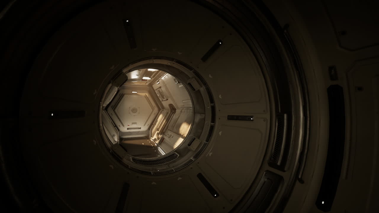 Esplorare un modulo di stazione spaziale minimalista con luce ambientale