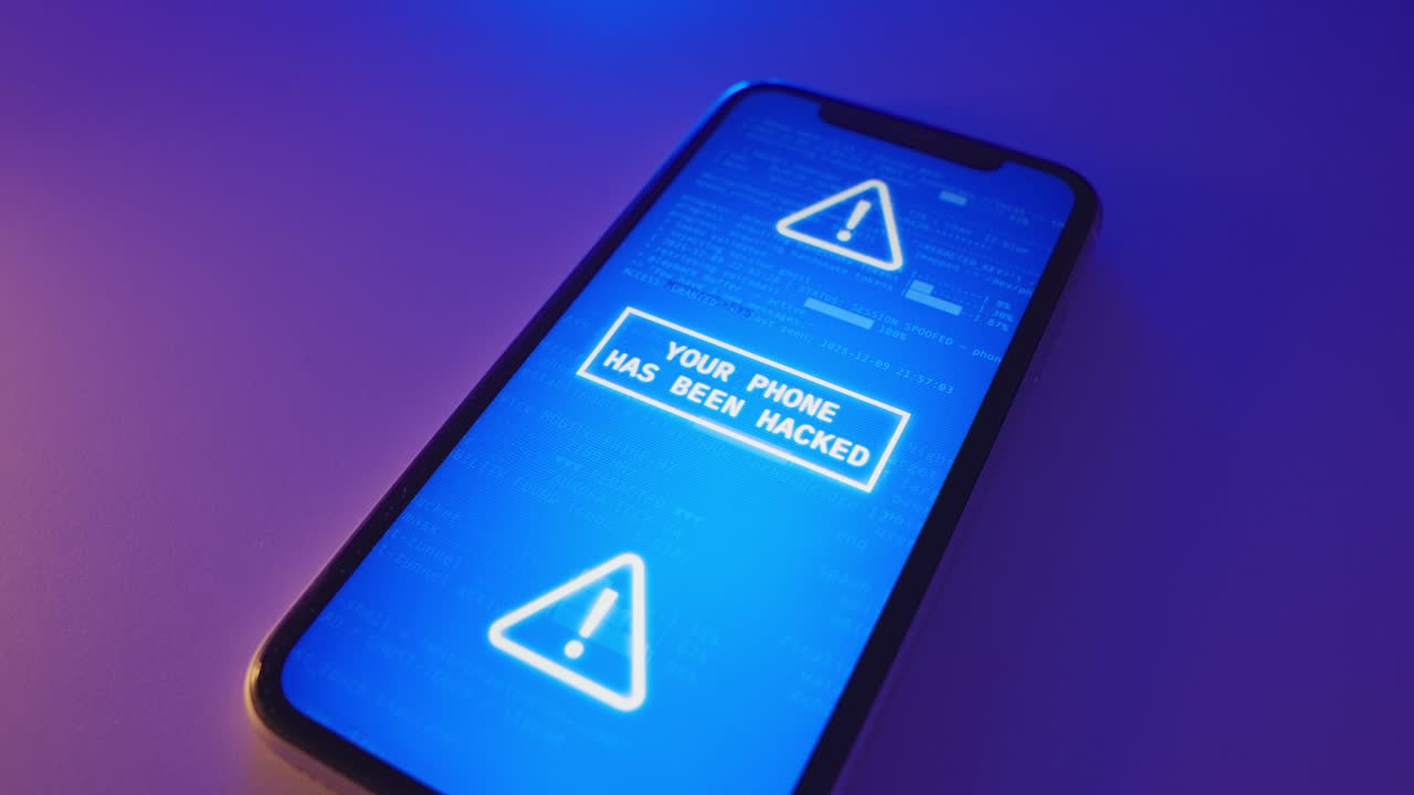 Phone close up virus appear on screen as device is being hacked and taken over by hacker group or malware. Access to private information and data of victim user. Malicious software or remote access