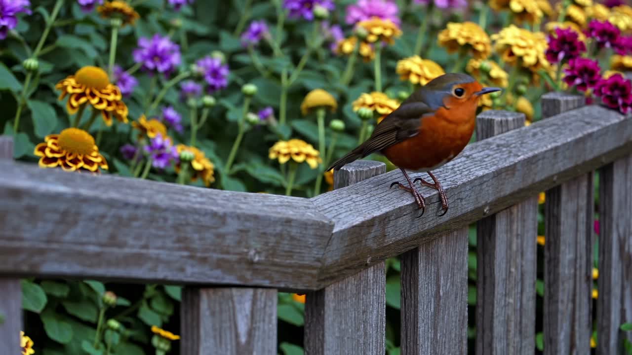 Orange-breasted bird elegantly perched on a rustic fence, surrounded by blooming flowers, showcasing a dynamic interaction with its vibrant garden environment
