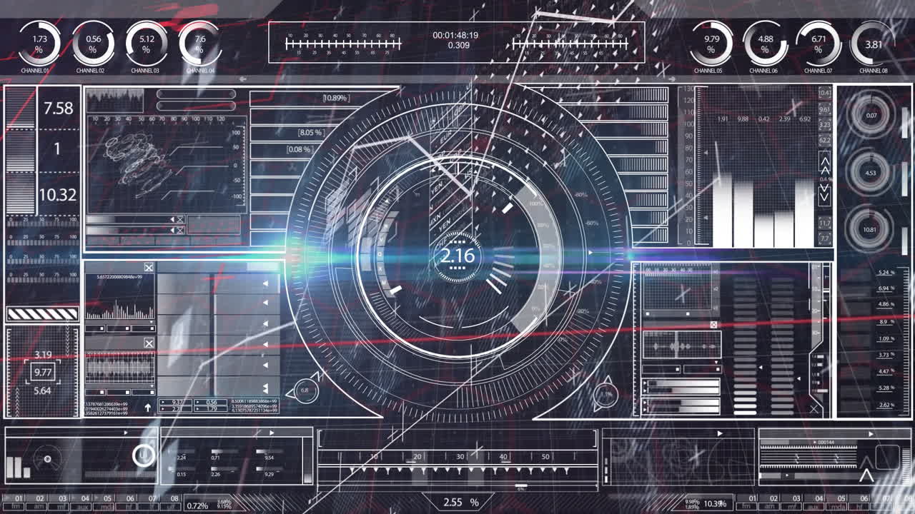 Animation with futuristic digital interface, circular patterns, data graphs moving