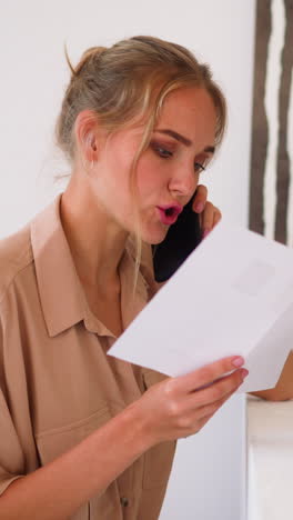 Blonde woman with hair bun discusses paperwork on smartphone with colleague sitting near notebook at white desk in comfortable home office slow motion