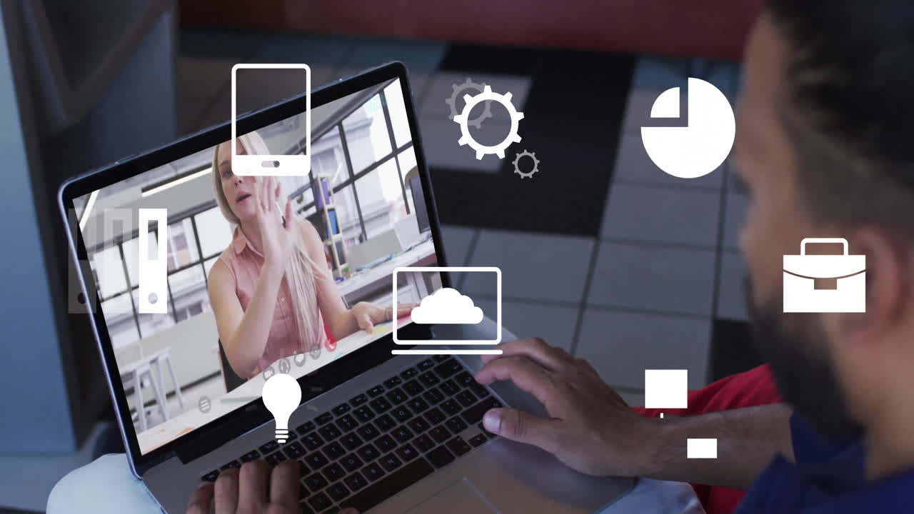 사무실에서 비디오 통화를 하는 다양한 동료들에 대한 비즈니스 아이콘의 애니메이션