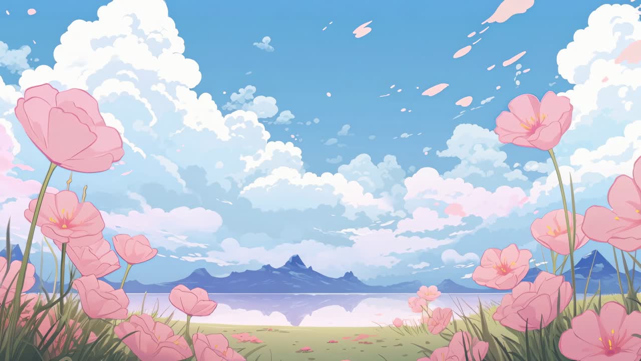 A serene anime-style landscape with pink flowers in the foreground