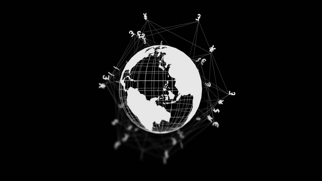 Animation of globe with data processing and pound signs over black background