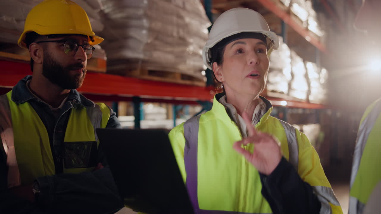 trabajadores del almacén discutiendo el inventario