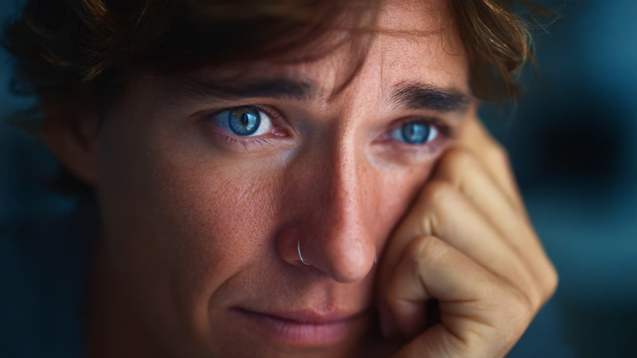 Primo piano di una persona riflessiva con intensi occhi azzurri che riflettono emozione e attenzione, mettendo in mostra la profondità dell'esperienza umana e della connessione.