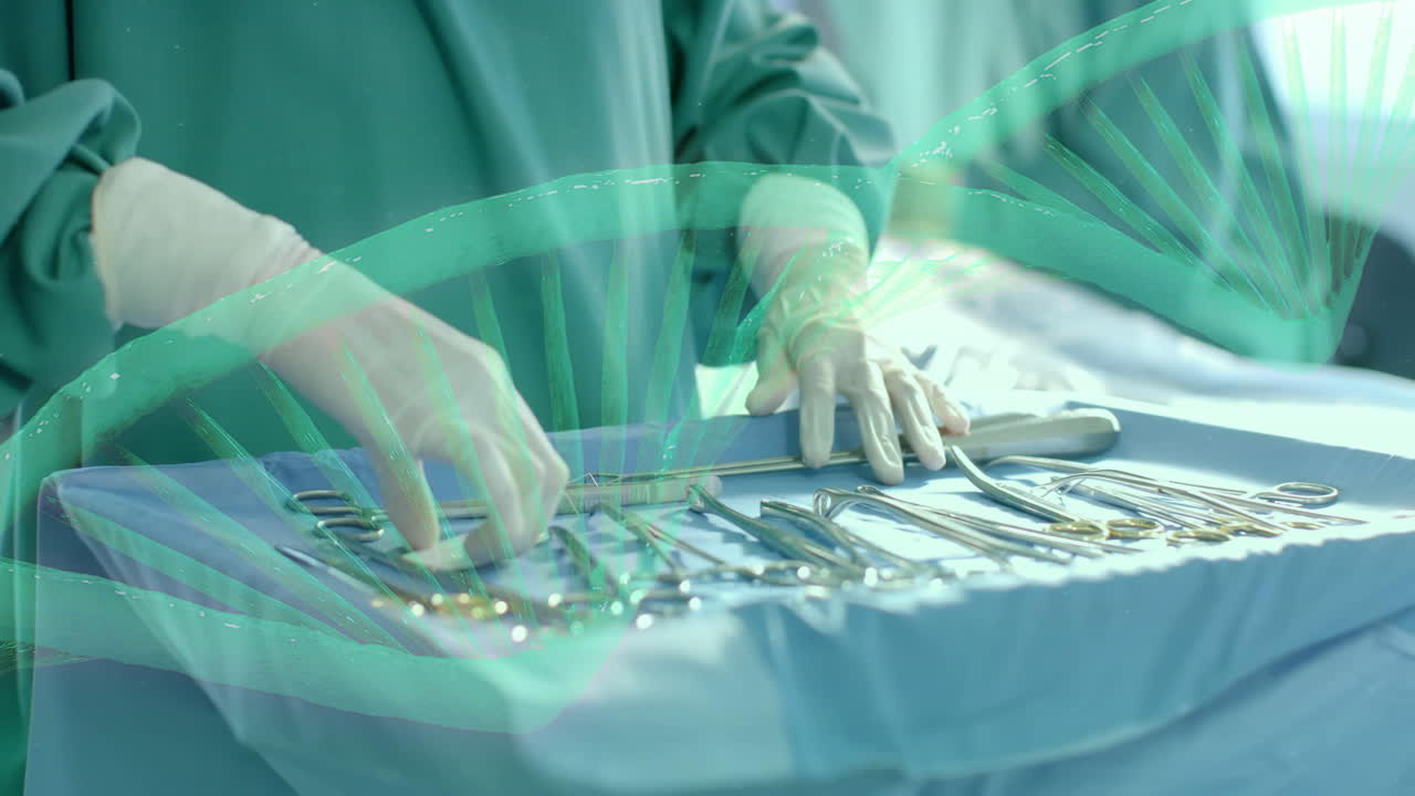 병원에 있는 두 인종의 남성 외과 의사에 대한 dna 줄무의 애니메이션