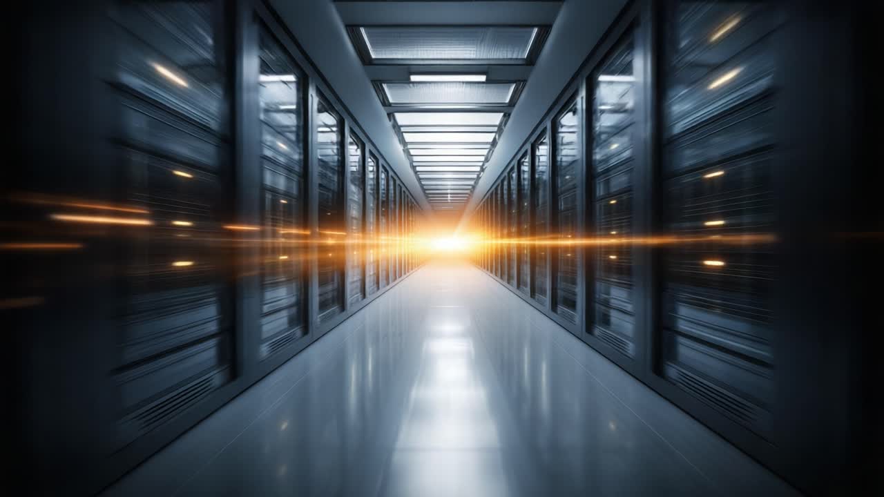 A Glimpse Into the Future of Data Management: Illuminated Pathway Through a High-Tech Server Room with Advanced Technology and Expansive Data Storage Solutions