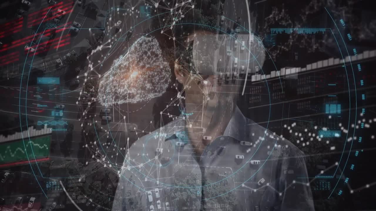 스 ⁇  스캔과 데이터 처리의 애니메이션 vr 헤드 ⁇ 을 착용한 사람