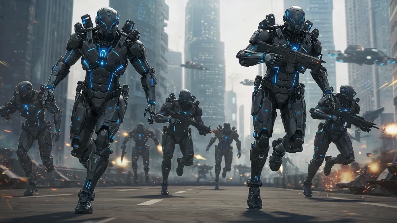 Futuristic Warriors Engage in Battle Scene, Showcasing Advanced Robotics and High-Tech Combat in a Dystopian Urban Environment Filled with Action and Chaos