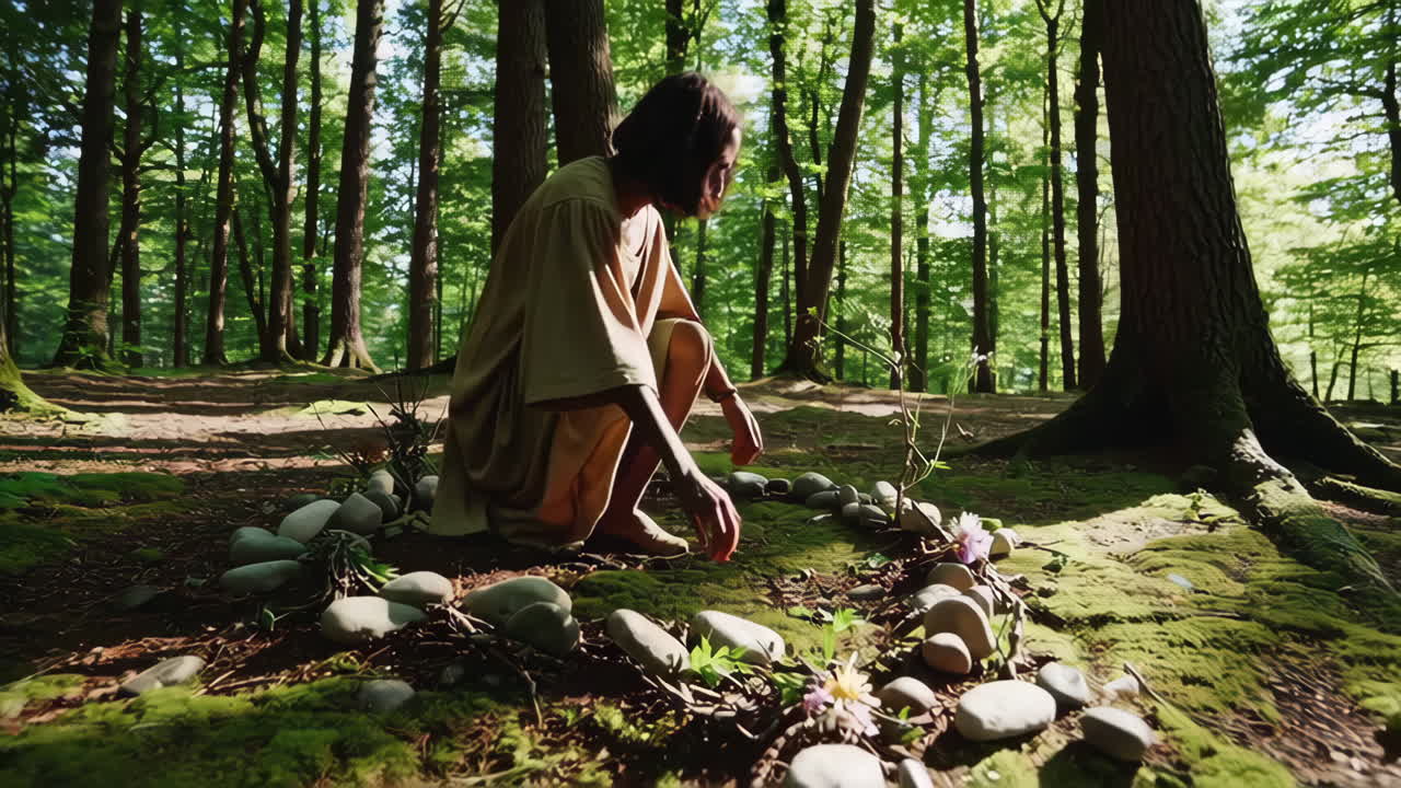 숲 에서 명상 하는 여자
