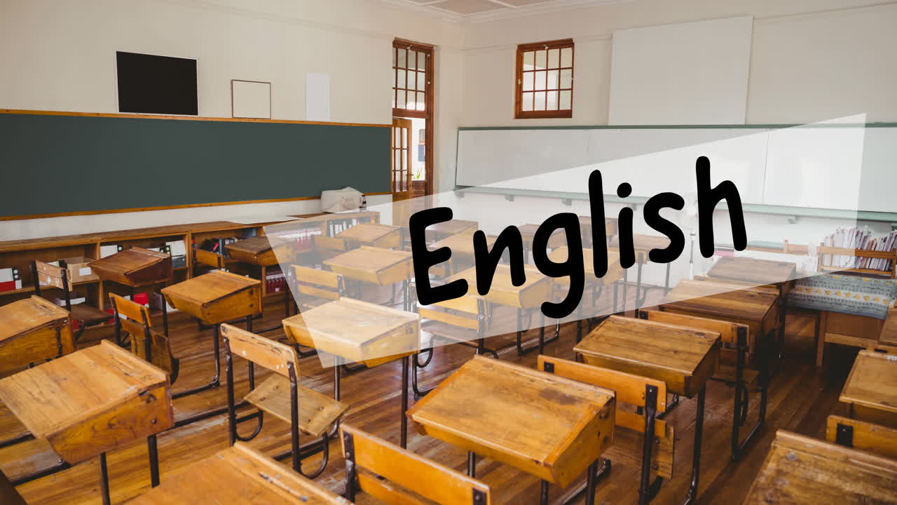 English text over a banner against view of empty classroom at school