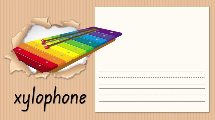 Animated educational flashcard teaches the letter X using a colorful xylophone and handwriting practice