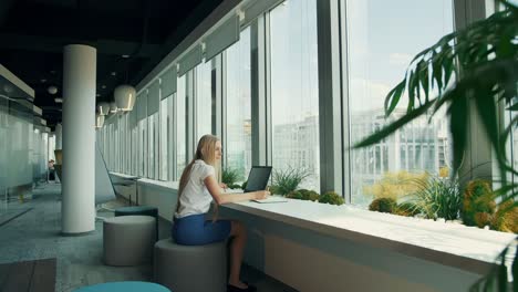 businesswoman working with laptop in new office. side view of woman sitting at table alongside window in modern office and using laptop in daylight