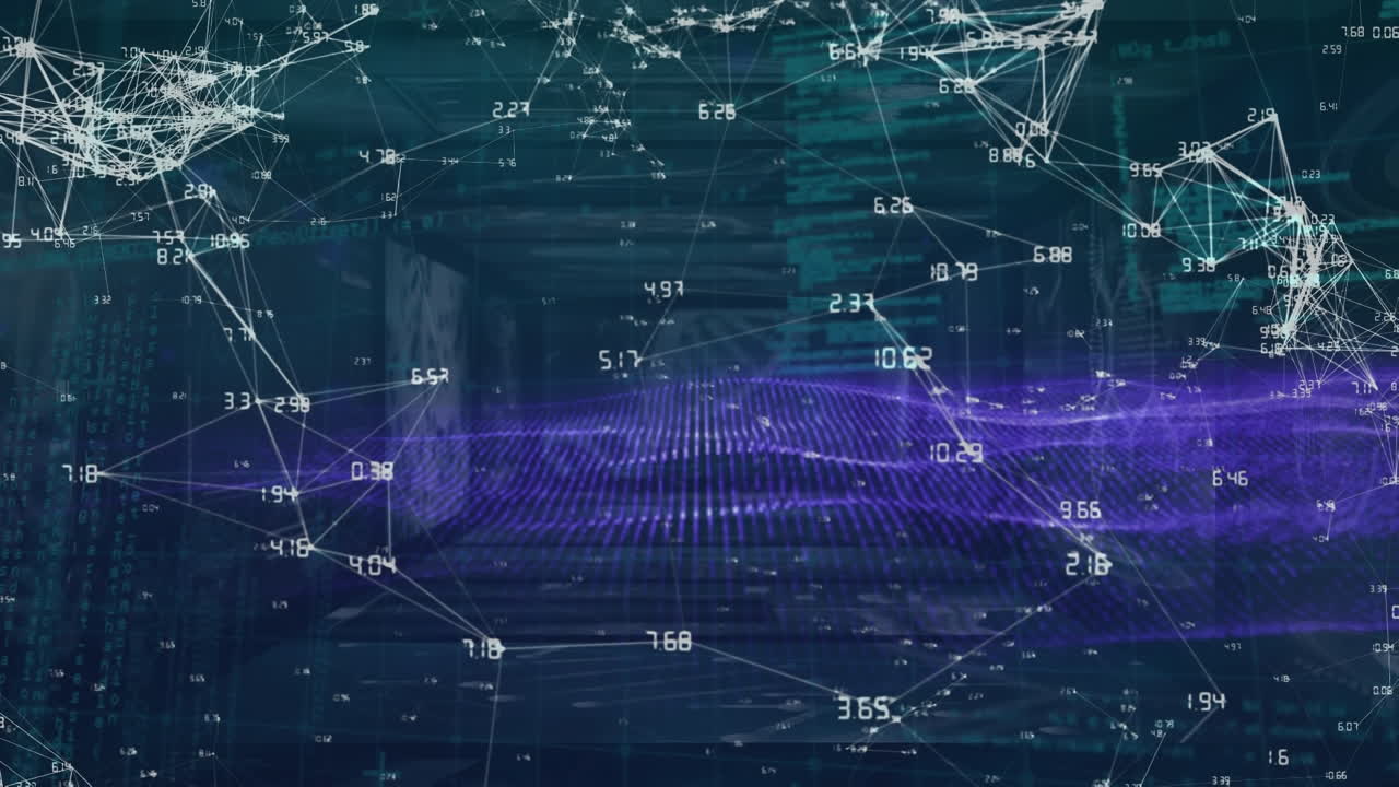 Animation of network of connections over dna strand and data processing on black background