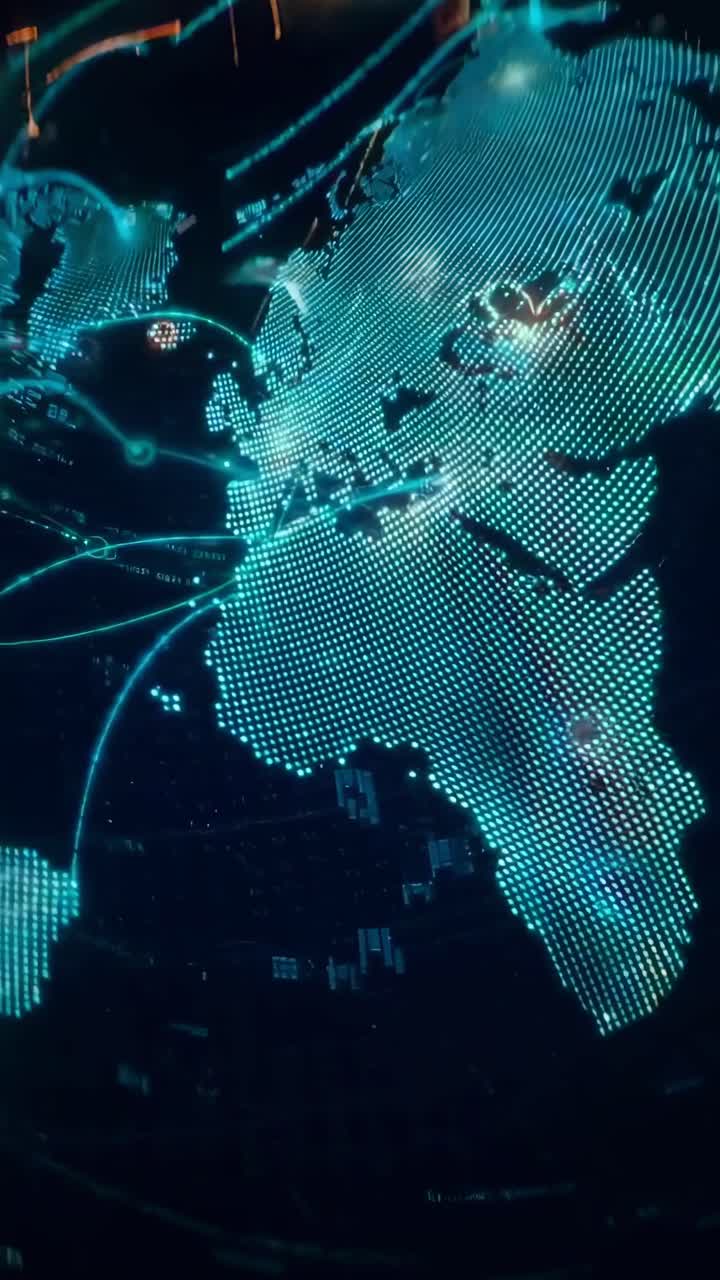 Concepto de video futurista con vista cenital de un mapa mundial digital, líneas de datos brillantes