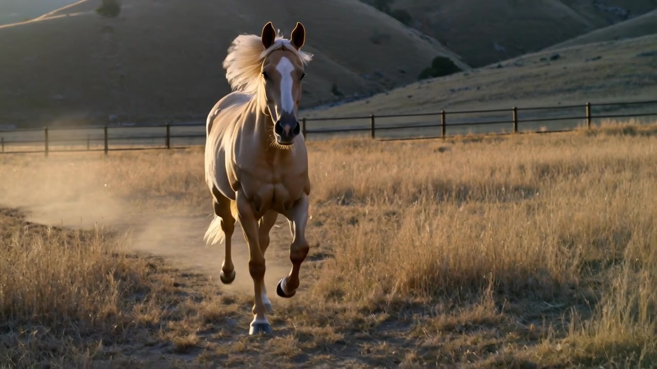 Cavallo palomino al trotto che si avvicina alla telecamera su uno stretto sentiero sterrato in un pascolo dorato, sollevando polvere.
